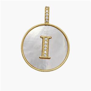 Copper Letter-I Pendant Pave Shell Zirconia Circle 18K Gold Plated, approx 18mm [FN48506]