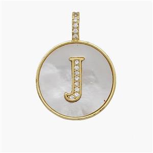 Copper Letter-J Pendant Pave Shell Zirconia Circle 18K Gold Plated, approx 18mm [FN48507]