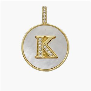 Copper Letter-K Pendant Pave Shell Zirconia Circle 18K Gold Plated, approx 18mm [FN48508]