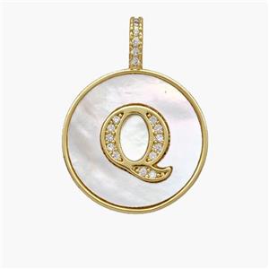 Copper Letter-Q Pendant Pave Shell Zirconia Circle 18K Gold Plated, approx 18mm [FN48514]