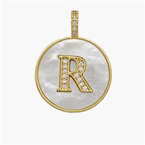 Copper Letter-R Pendant Pave Shell Zirconia Circle 18K Gold Plated, approx 18mm [FN48515]