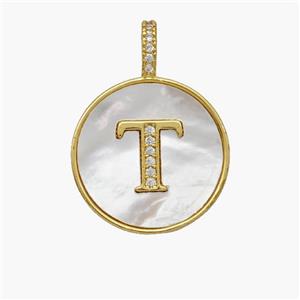 Copper Letter-T Pendant Pave Shell Zirconia Circle 18K Gold Plated, approx 18mm [FN48517]