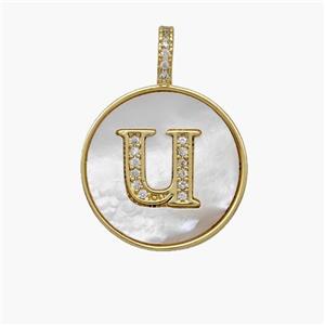 Copper Letter-U Pendant Pave Shell Zirconia Circle 18K Gold Plated, approx 18mm [FN48518]