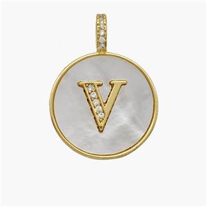 Copper Letter-V Pendant Pave Shell Zirconia Circle 18K Gold Plated, approx 18mm [FN48519]