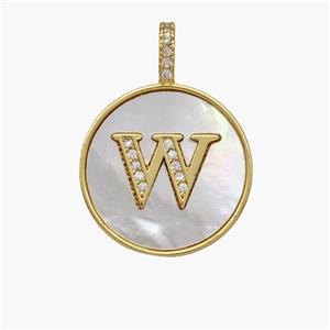 Copper Letter-W Pendant Pave Shell Zirconia Circle 18K Gold Plated, approx 18mm [FN48520]