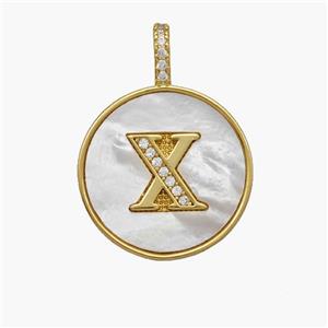 Copper Letter-X Pendant Pave Shell Zirconia Circle 18K Gold Plated, approx 18mm [FN48521]