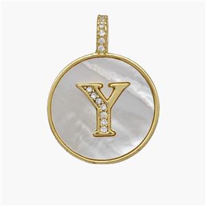 Copper Letter-Y Pendant Pave Shell Zirconia Circle 18K Gold Plated, approx 18mm [FN48522]