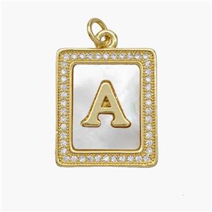 Copper Letter-A Pendant Pave Shell Zirconia Rectangle 18K Gold Plated, approx 17-20mm [FN48525]