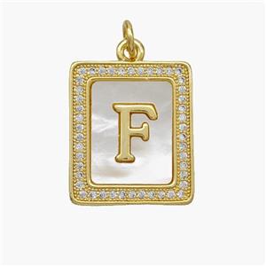 Copper Letter-F Pendant Pave Shell Zirconia Rectangle 18K Gold Plated, approx 17-20mm [FN48530]