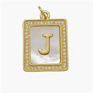 Copper Letter-J Pendant Pave Shell Zirconia Rectangle 18K Gold Plated, approx 17-20mm [FN48534]