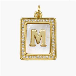 Copper Letter-M Pendant Pave Shell Zirconia Rectangle 18K Gold Plated, approx 17-20mm [FN48537]