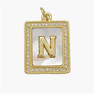Copper Letter-N Pendant Pave Shell Zirconia Rectangle 18K Gold Plated, approx 17-20mm [FN48538]