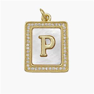 Copper Letter-P Pendant Pave Shell Zirconia Rectangle 18K Gold Plated, approx 17-20mm [FN48540]