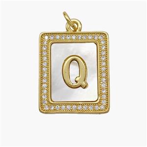 Copper Letter-Q Pendant Pave Shell Zirconia Rectangle 18K Gold Plated, approx 17-20mm [FN48541]