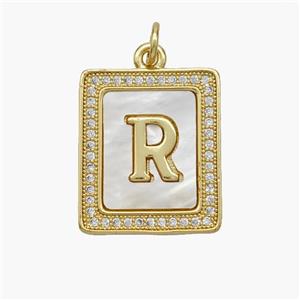 Copper Letter-R Pendant Pave Shell Zirconia Rectangle 18K Gold Plated, approx 17-20mm [FN48542]