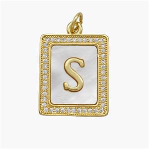 Copper Letter-S Pendant Pave Shell Zirconia Rectangle 18K Gold Plated, approx 17-20mm [FN48543]