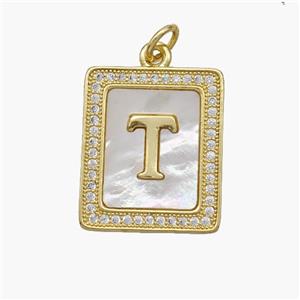 Copper Letter-T Pendant Pave Shell Zirconia Rectangle 18K Gold Plated, approx 17-20mm [FN48544]