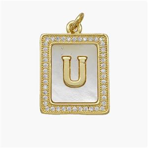 Copper Letter-U Pendant Pave Shell Zirconia Rectangle 18K Gold Plated, approx 17-20mm [FN48545]
