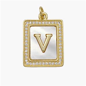 Copper Letter-V Pendant Pave Shell Zirconia Rectangle 18K Gold Plated, approx 17-20mm [FN48546]