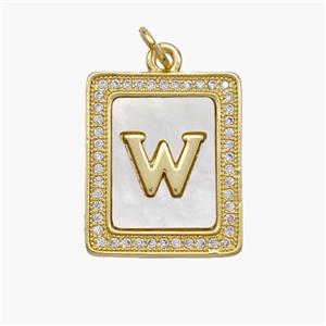 Copper Letter-W Pendant Pave Shell Zirconia Rectangle 18K Gold Plated, approx 17-20mm [FN48547]
