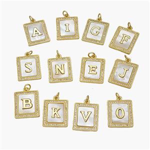 Copper Letters Pendant Pave Shell Zirconia Rectangle Alphabet 18K Gold Plated Mixed, approx 17-20mm [FN48551]