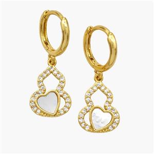 Copper Gourd Hoop Earrings Pave Shell Zirconia Heart 18K Gold Plated, approx 10-13mm, 12mm dia [FN48552]