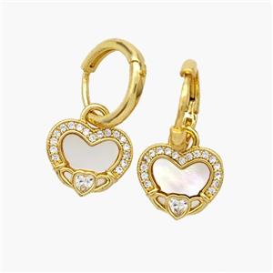 Copper Heart Hoop Earrings Pave Shell Zirconia 18K Gold Plated, approx 12mm, 12mm dia [FN48553]