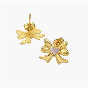 Copper Bowknot Stud Earrings Pave Shell Heart 18K Gold Plated, approx 11-14mm [FN48555]