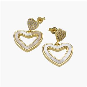 Copper Heart Stud Earrings Pave Shell Zirconia 18K Gold Plated, approx 8mm, 18mm [FN48557]