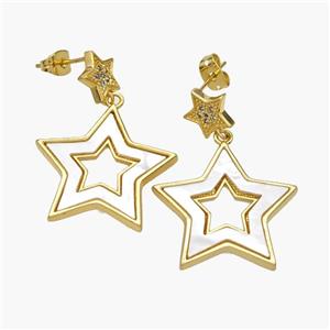 Copper Star Stud Earrings Pave Shell Zirconia 18K Gold Plated, approx 9mm, 24mm [FN48558]