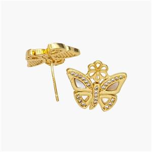 Copper Butterfly Stud Earrings Pave Shell Zirconia 18K Gold Plated, approx 15-17mm [FN48559]