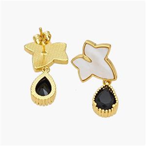 Copper Maple Leaf Stud Earrings Pave Shell Teardrop 18K Gold Plated, approx 8.5-12mm, 17mm [FN48563]