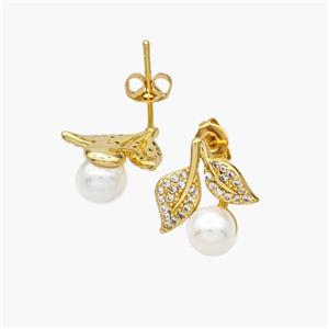 Copper Leaf Stud Earrings Pave Zirconia Pearlized Resin 18K Gold Plated, approx 13mm [FN48564]