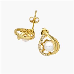Copper Teardrop Stud Earrings Pave Pearlized Resin Zirconia 18K Gold Plated, approx 12-14.5mm [FN48565]