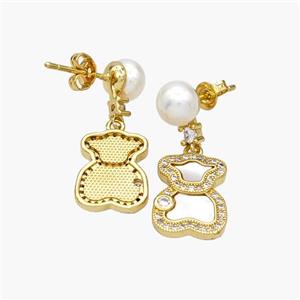 Copper Bear Stud Earrings Pave Pearlized Resin Shell 18K Gold Plated, approx 11-14mm, 7mm [FN48567]