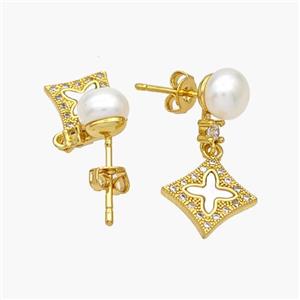 Copper Cross Stud Earrings Pave Pearlized Resin Shell 18K Gold Plated, approx 12.5mm, 7mm [FN48568]