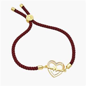 Darkred Nylon Bracelet With Copper Heart Pave Shell Adjustable, approx 18mm, 3mm, 22cm length [FN48578]