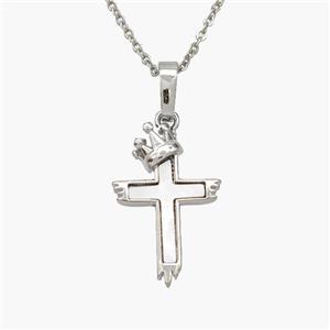 Copper Cross Necklace Pave Shell Crown Platinum Plated, approx 12-18mm, 1.2mm, 44cm length [FN48598]
