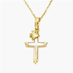 Copper Cross Necklace Pave Shell Crown Gold Plated, approx 12-18mm, 1.2mm, 44cm length [FN48599]