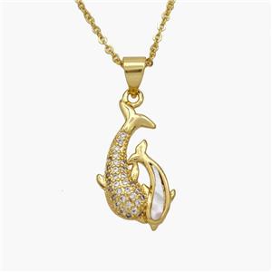 Copper Dolphin Necklace Pave Shell Zirconia Gold Plated, approx 12-20mm, 1.2mm, 44cm length [FN48611]