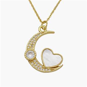 Copper Moon Heart Necklace Pave Shell Zirconia Gold Plated, approx 18-22mm, 1.2mm, 44cm length [FN48616]