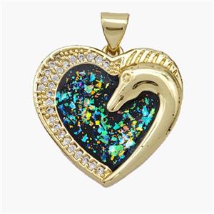Copper Heart Pendant Pave Fire Opal Zirconia Swan 18K Gold Plated, approx 21mm [FN48678]
