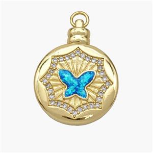 Copper Butterfly Pendant Pave Fire Opal Zirconia Circle 18K Gold Plated, approx 21mm [FN48688]