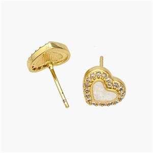 Copper Heart Stud Earrings Pave Fire Opal Zirconia 18K Gold Plated, approx 10mm [FN48691]