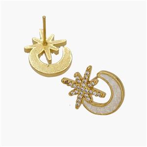 Copper Moon Star Stud Earrings Pave Fire Opal Zirconia 18K Gold Plated, approx 14-18mm [FN48695]