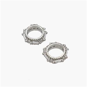 Copper Rondelle Beads Pave Zirconia Large Hole Platinum Plated, approx 10mm, 6mm hole [FN48699]