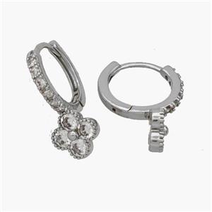 Copper Clover Hoop Earrings Pave Zirconia Platinum Plated, approx 8mm, 14mm dia [FN48868]