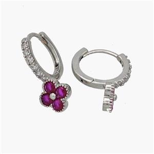 Copper Clover Hoop Earrings Pave Zirconia Platinum Plated, approx 8mm, 14mm dia [FN48870]