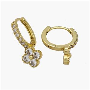Copper Clover Hoop Earrings Pave Zirconia Gold Plated, approx 8mm, 14mm dia [FN48872]