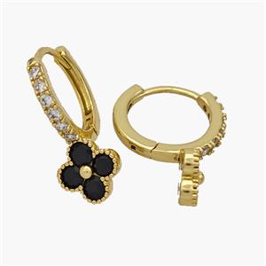 Copper Clover Hoop Earrings Pave Zirconia Gold Plated, approx 8mm, 14mm dia [FN48873]